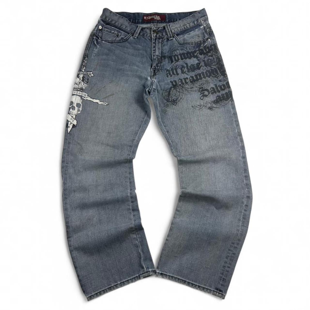 Vintage Express Jeans Graphic Skulls Printed Kingston Denim Jeans