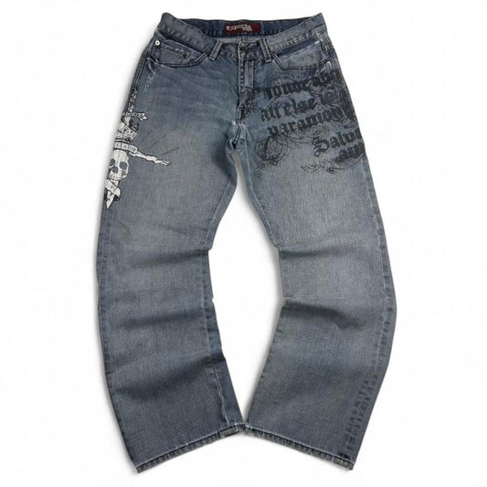 Vintage Express Jeans Graphic Skulls Printed Kingston Denim Jeans