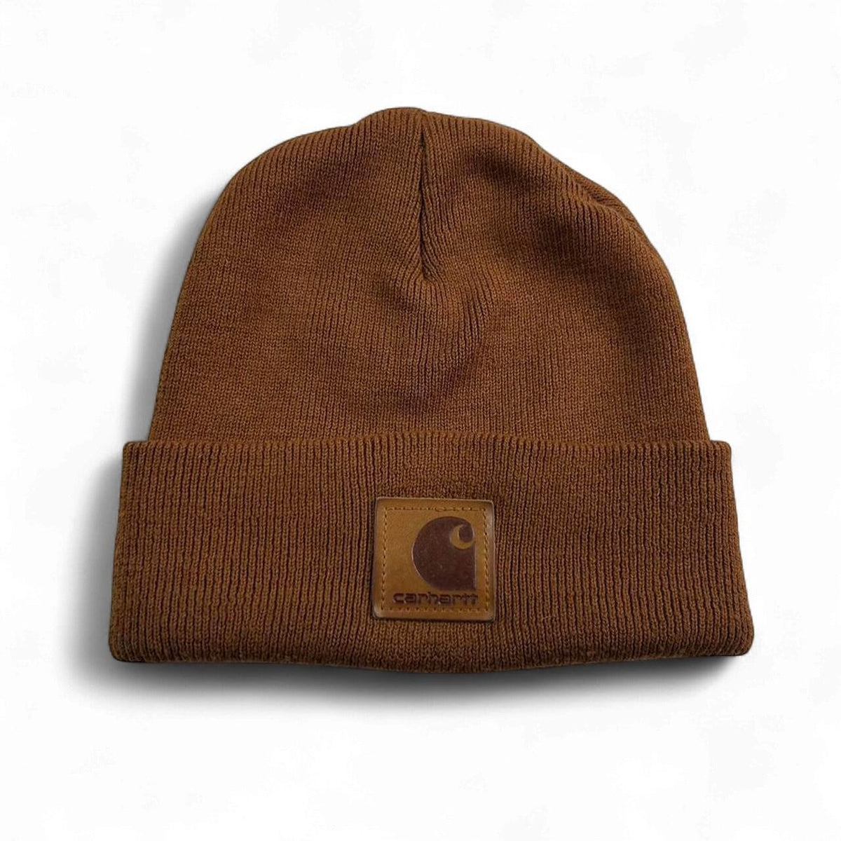Vintage Carhartt Leather Logo Knit Brown Beanie