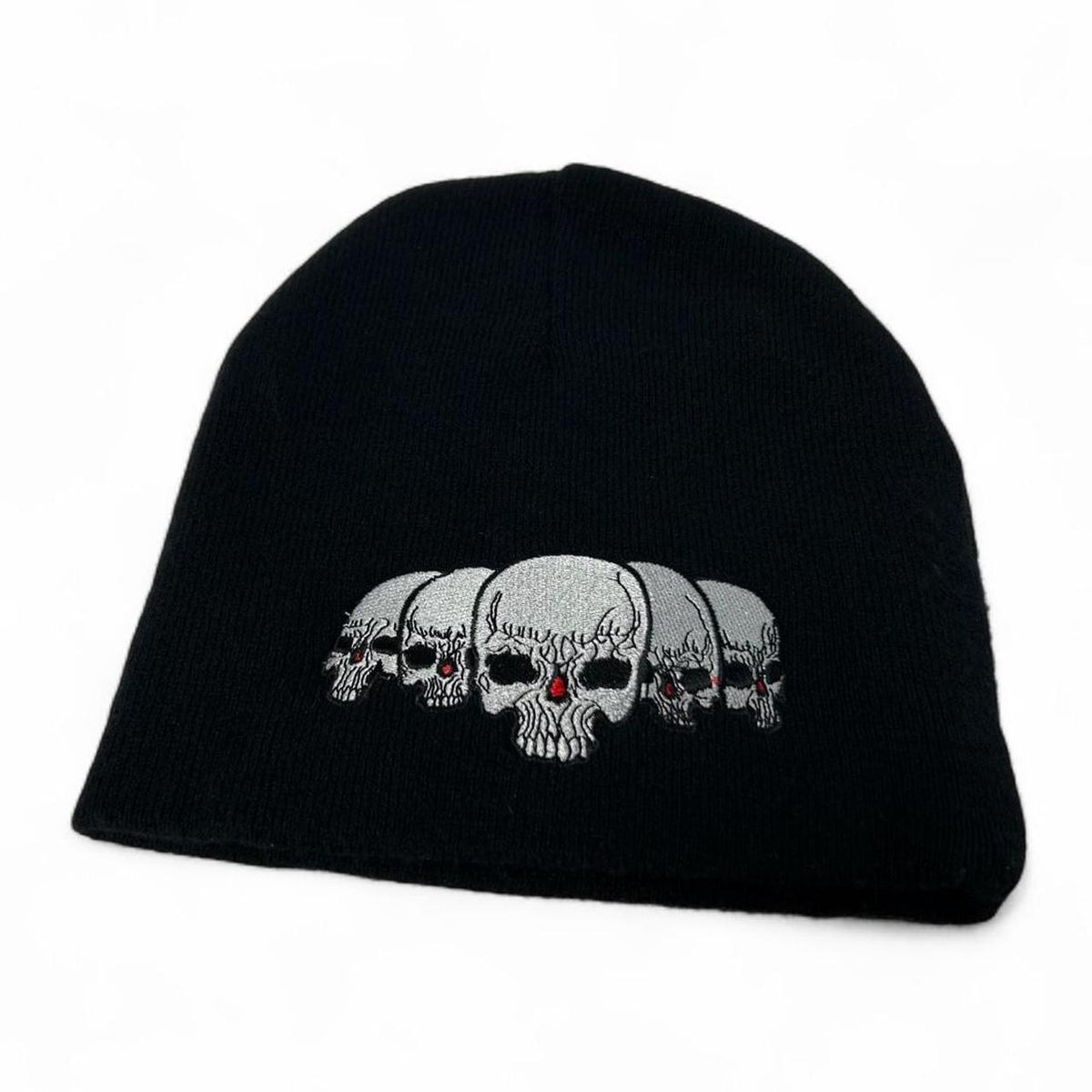 Black Skull Embroidered Knit Skully Cap Beanie