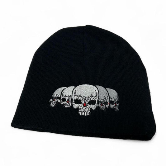 Black Skull Embroidered Knit Skully Cap Beanie