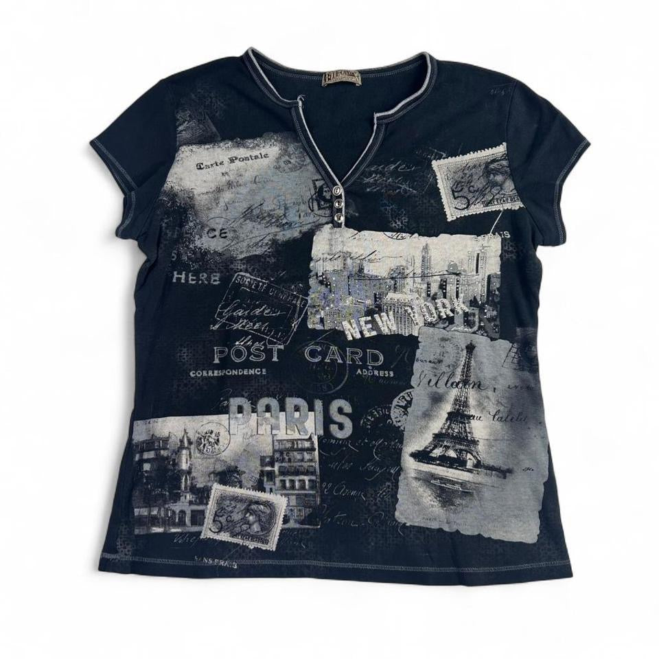 Y2K Blue Canyon Paris New York Women’s Henley Short Sleeve Shirt Size L