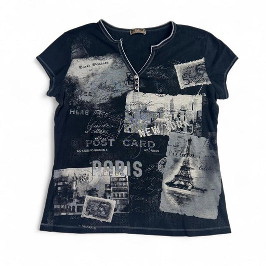Y2K Blue Canyon Paris New York Women’s Henley Short Sleeve Shirt Size L