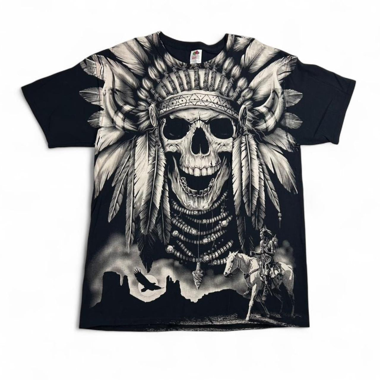 Vintage Native Skull Chief Headdress Black T-Shirt
