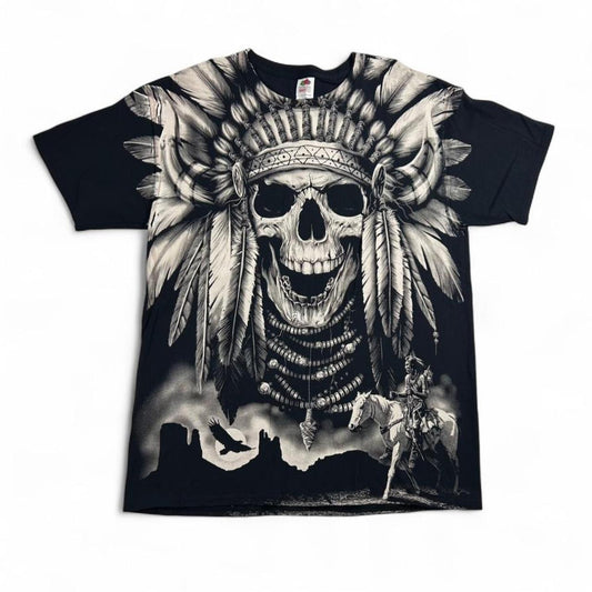 Vintage Native Skull Chief Headdress Black T-Shirt