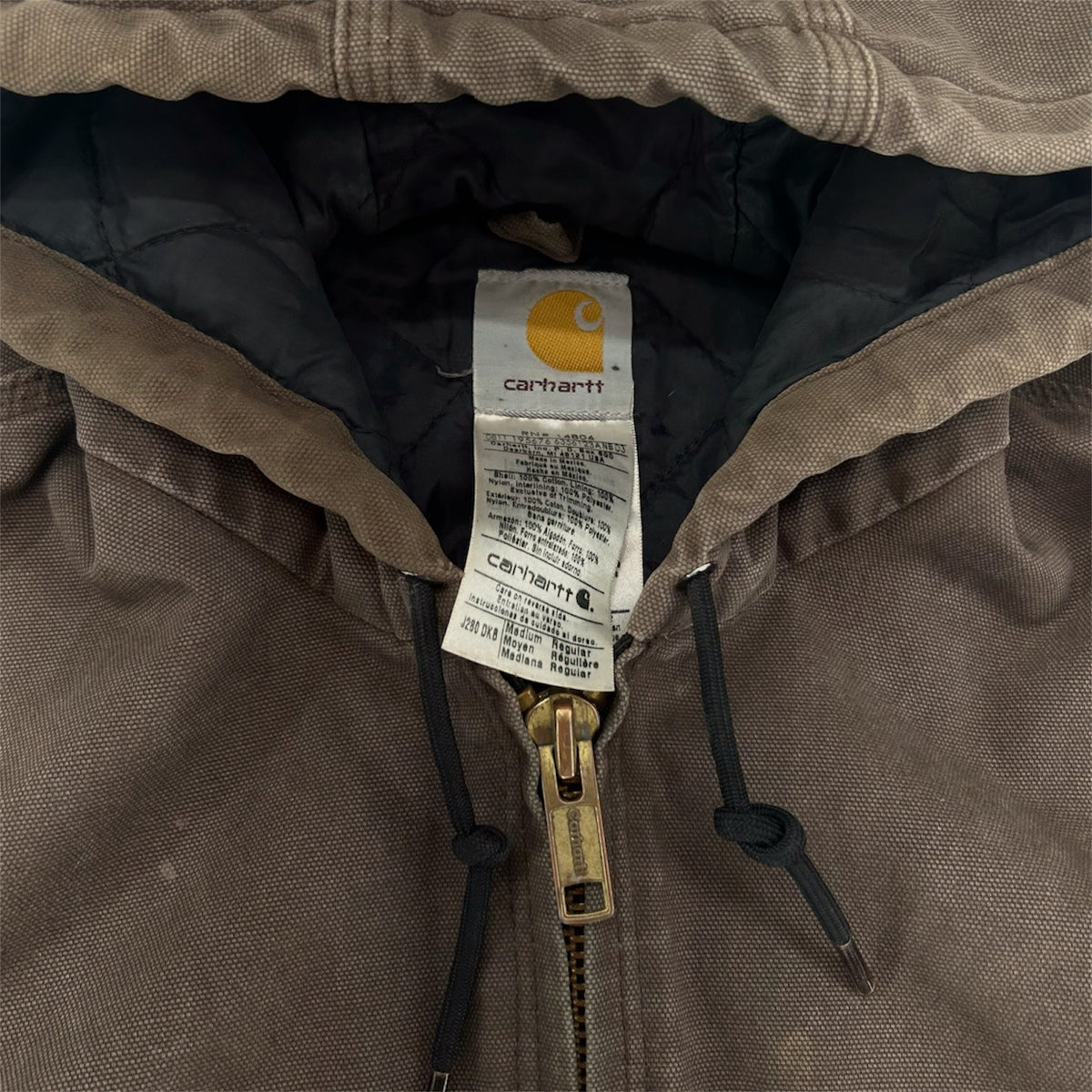 Faded Carhartt J280 Brown Duck Cavas Quilt Lined Hooded Distressed Jacket Size M
