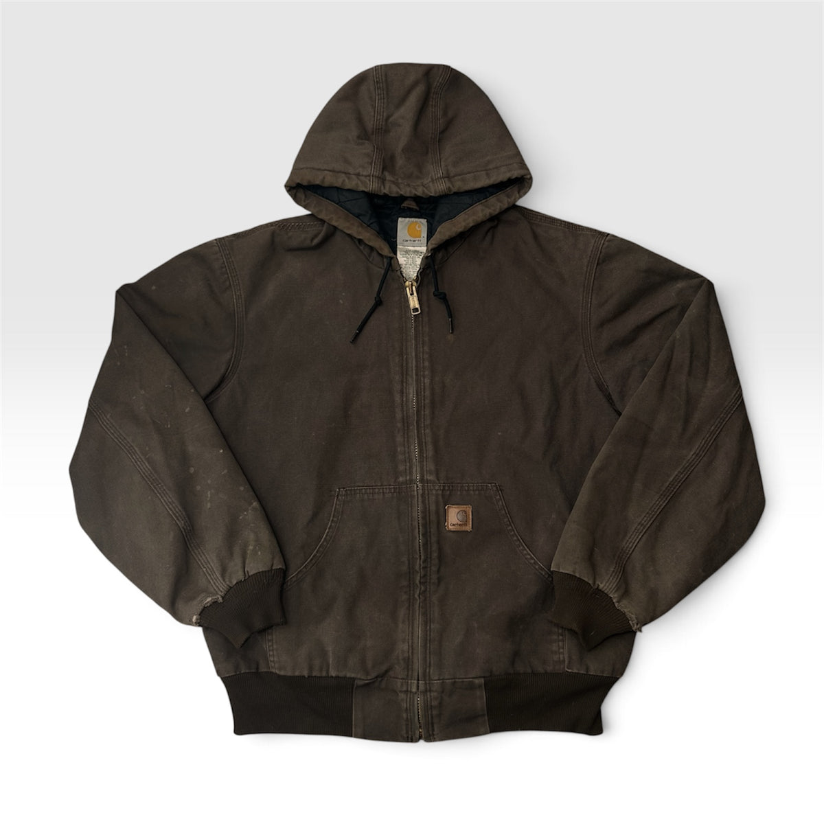 Faded Carhartt J280 Brown Duck Cavas Quilt Lined Hooded Distressed Jacket Size M