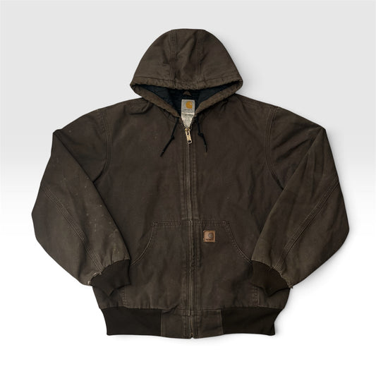 Faded Carhartt J280 Brown Duck Cavas Quilt Lined Hooded Distressed Jacket Size M