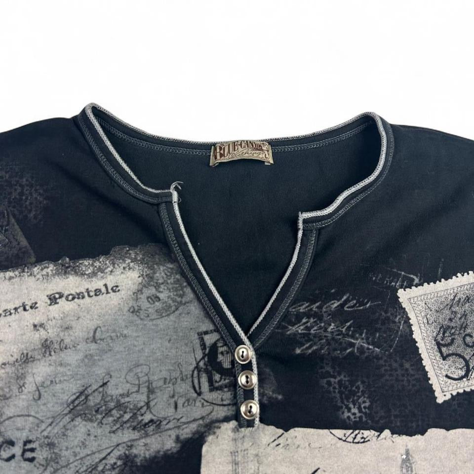 Y2K Blue Canyon Paris New York Women’s Henley Short Sleeve Shirt Size L