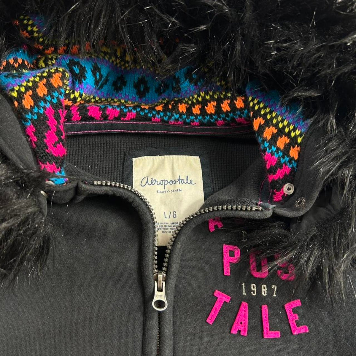 Aeropostale Fur Lined Crochet Knit Hood Hoodie Size L