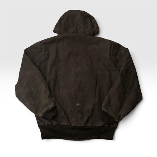 Faded Carhartt J280 Brown Duck Cavas Quilt Lined Hooded Distressed Jacket Size M