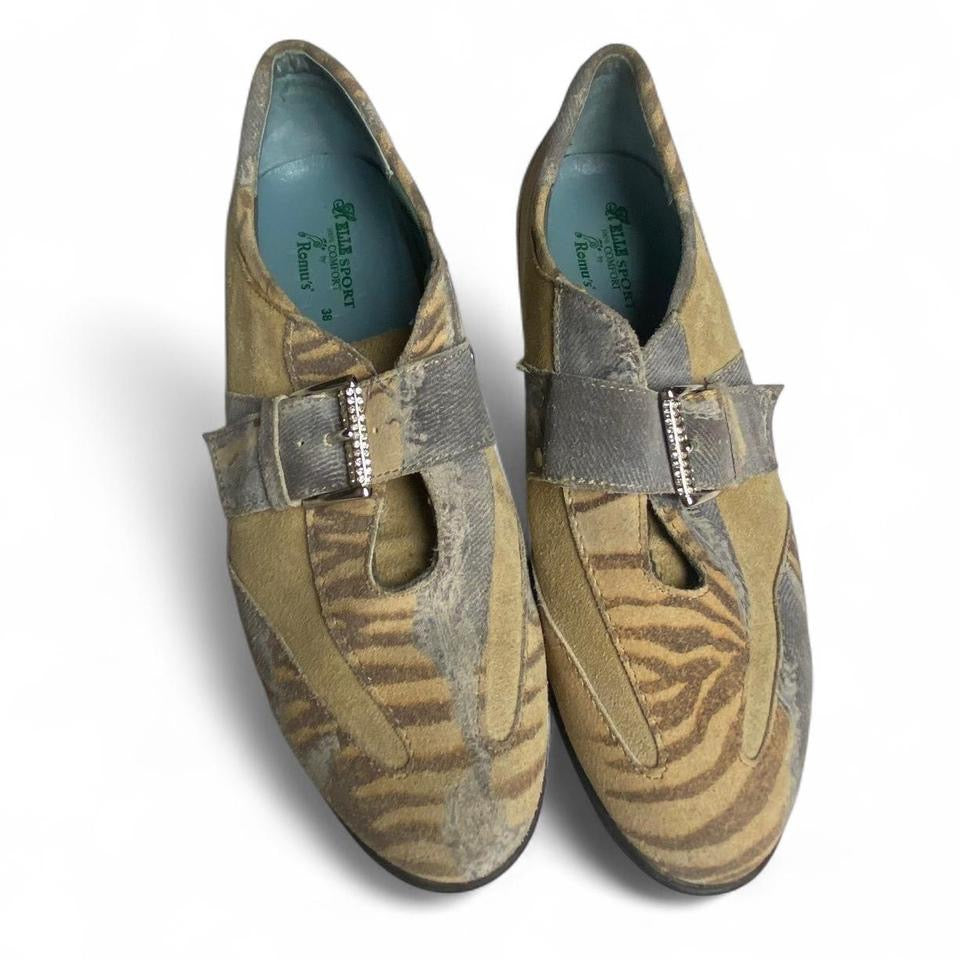 Elle Sport Romu’s Tan Suede Zebra Rhinestone Buckle Women’s Sneaker